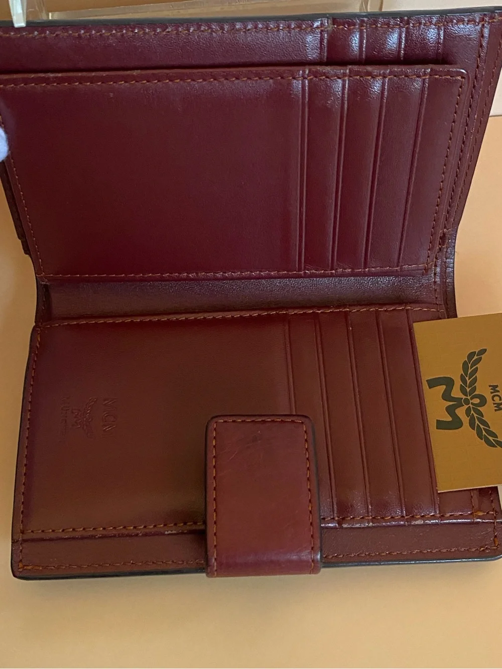 MCM Two-Tone Trifold Leather Continental Wallet in Burgundy and Cognac Brown